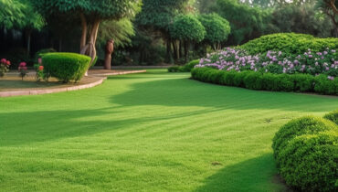 A lush green lawn with surrounding flower beds and trees