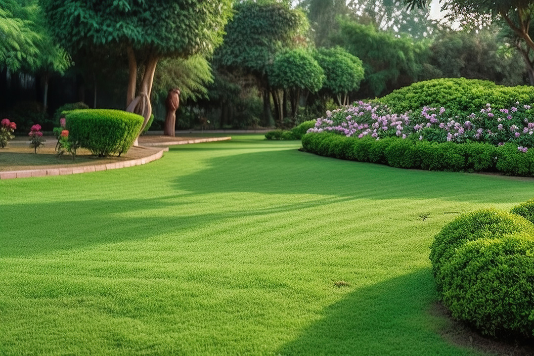 A lush green lawn with surrounding flower beds and trees