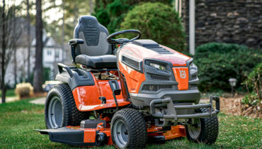 A Husqvarna TS 354 Garden Tractor mowing machine in a picturesque garden.