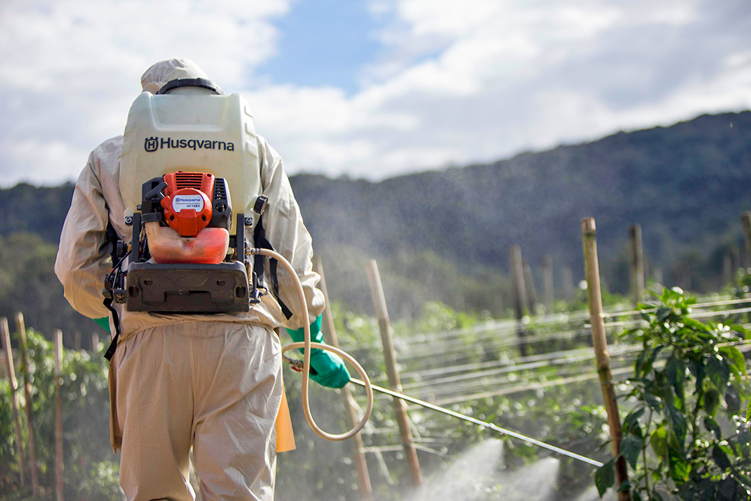 A farm worker wearing a Husqvarna sprayer on his back while he sprays a crop with an organic solution.