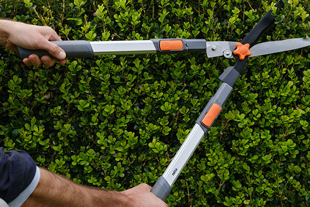 Neta hedge clippers being used to trim a hedge